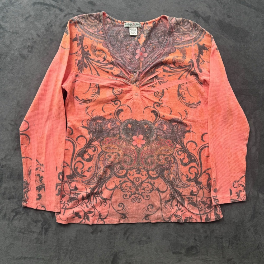 Vintage Suzie Womens Thermal Top Orange Paisley Floral Waffle Knit V-Neck Large